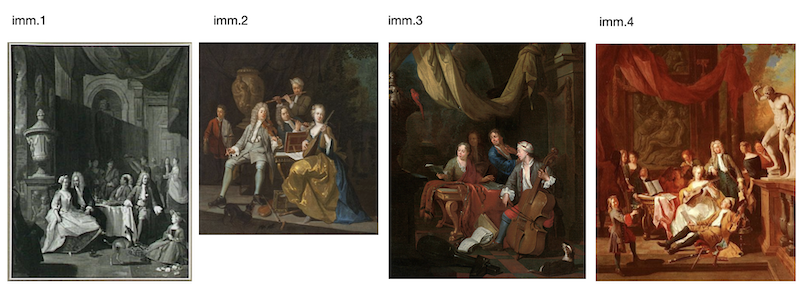 Coppia di interni con scende di genere 'Banchetto' e 'Rissa'